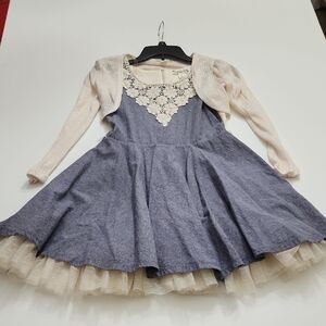 Blue Dress with Cream Cardigan and Lace Detail